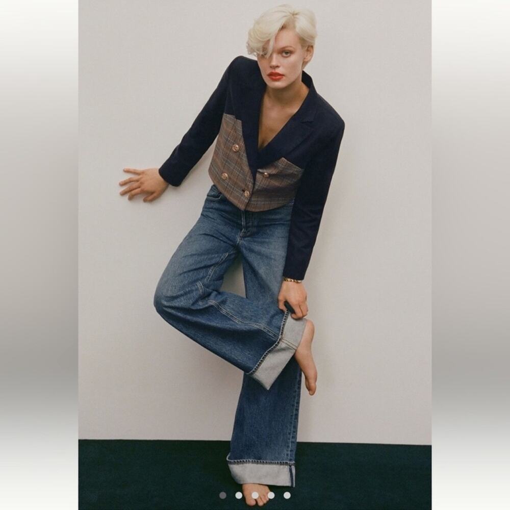 Dolan Double-Breasted Glen Plaid And Navy Cropped Blazer